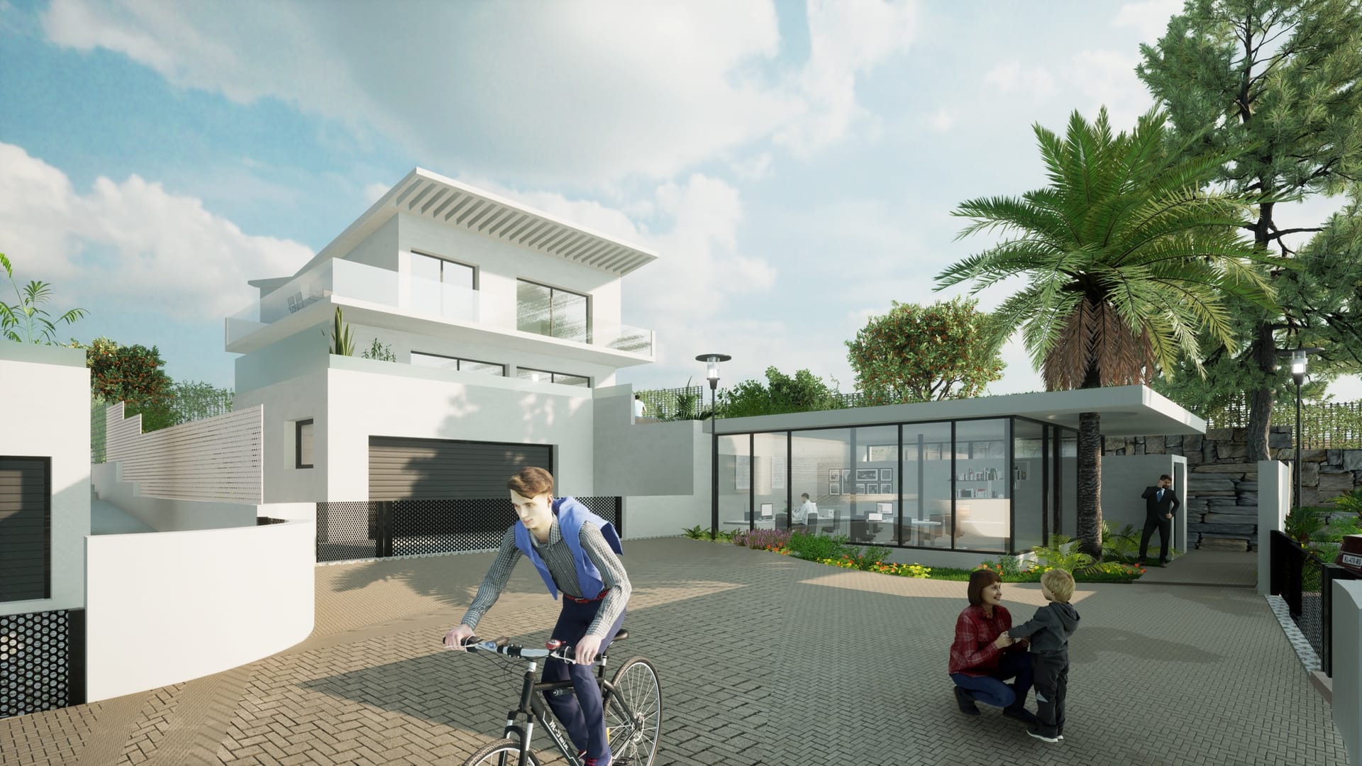 The paved street through the development, with a glass-walled pavilion on the right. La Cala Valley, Lagar Martel, Mijas.