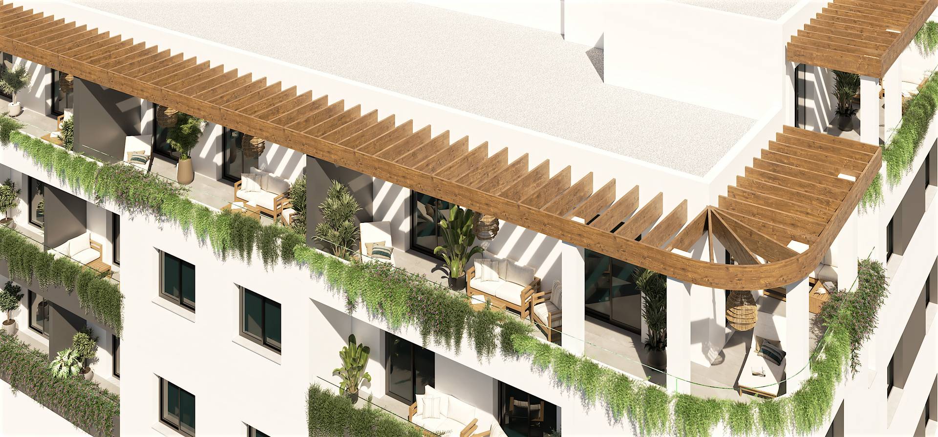The top floor, with wooden pergolas shading the penthouse terraces and plants trailing over the balconies below. Laguna Nova, Las Lagunas, Mijas.