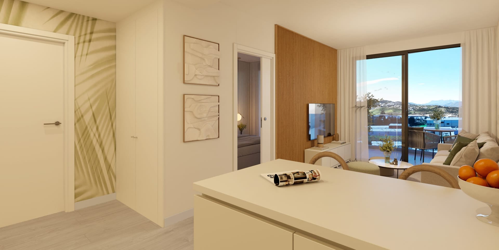 An open living room and kitchen. Laguna One, Las Lagunas, Mijas.