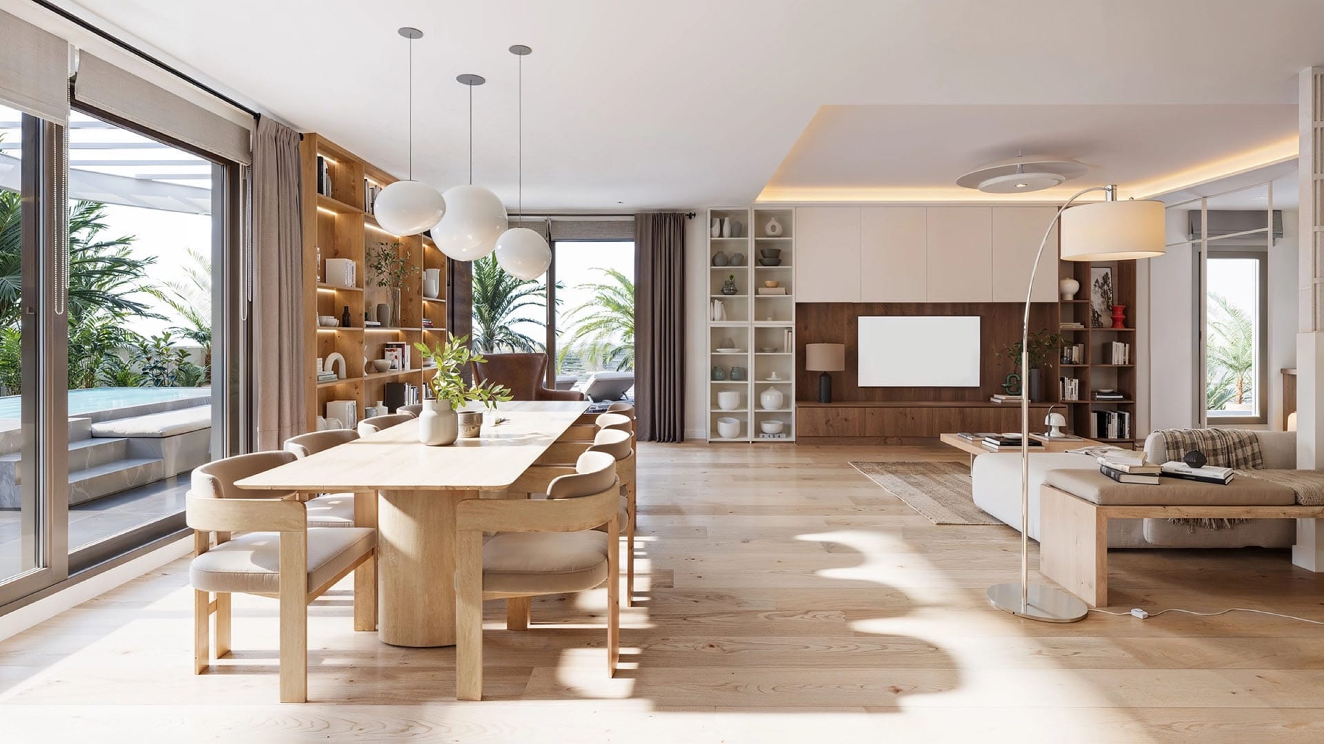 An open living and dining room with shelving. Lakün, Las Lagunas, Mijas.