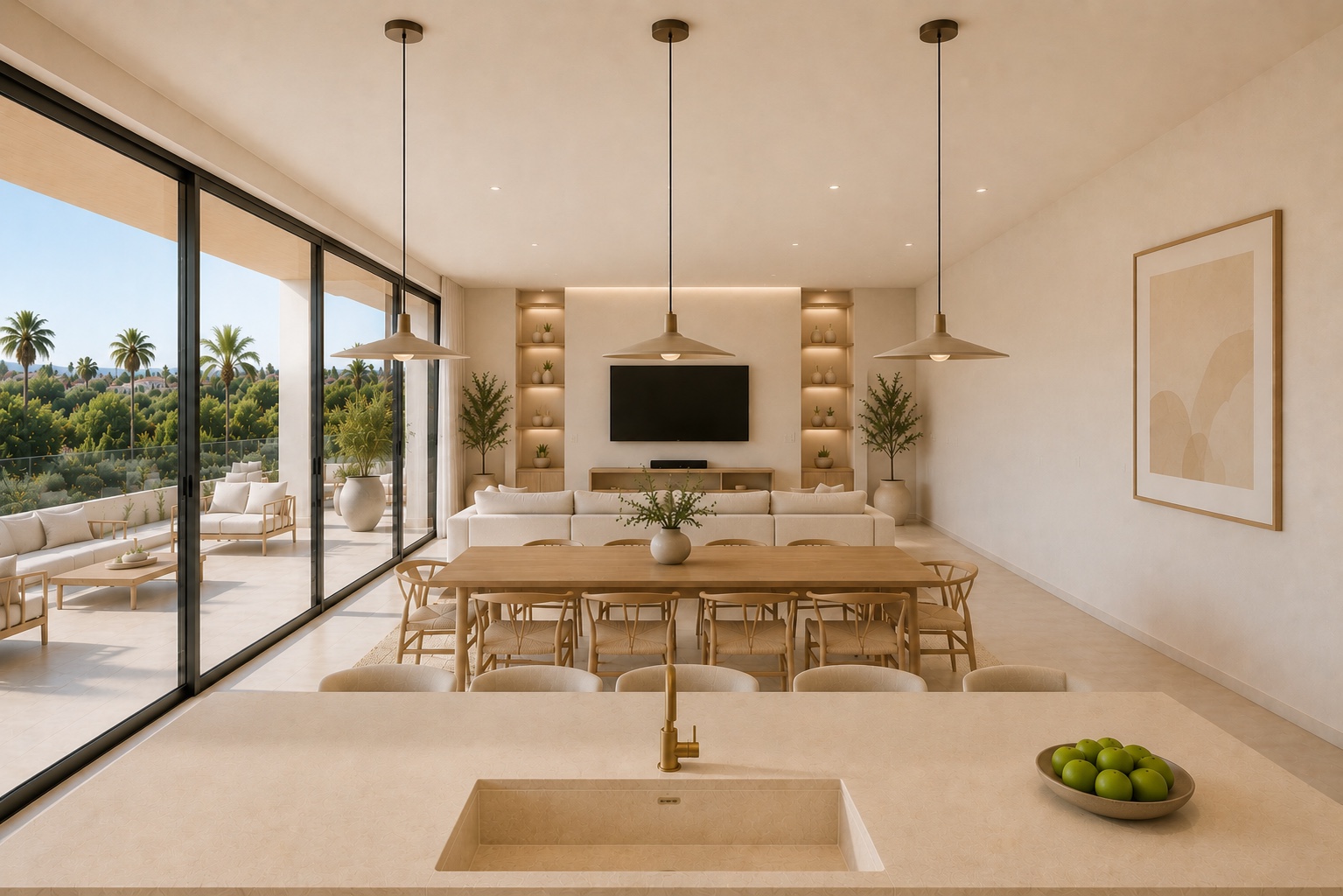 The open plan living and dining room in one of the developer’s illustrations, with glass doors along one side opening onto the terrace. Las Villas de Capistrano, Capistrano, Nerja.
