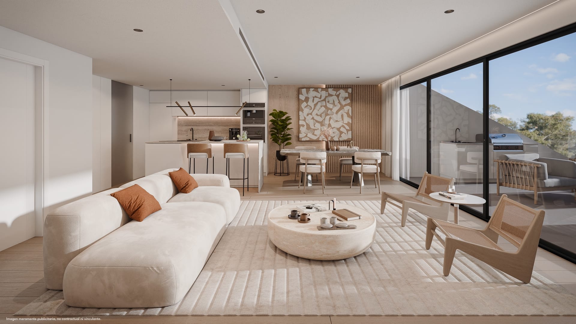 The living room of a penthouse, open to the kitchen, with glass doors along one side to the terrace. Lomas Unique, El Higuerón, Fuengirola.