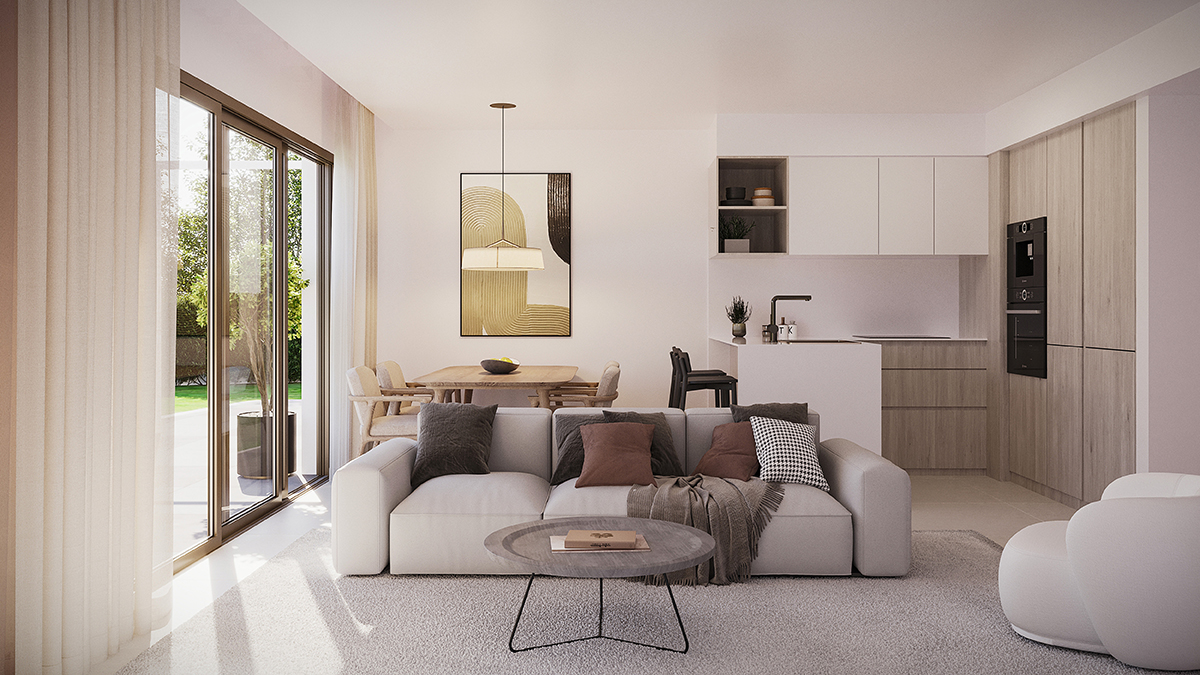 The open living and kitchen space, as the developer draws it. Looa Estepona, Calle Francia, Estepona.