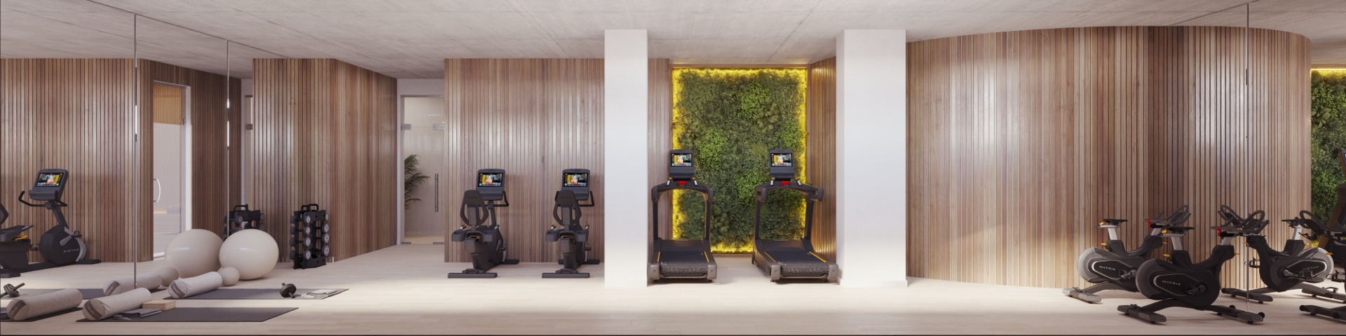 The gym, with cardio machines, free weights and planted panels along the back wall. Luminal Homes, Los Pacos, Fuengirola.