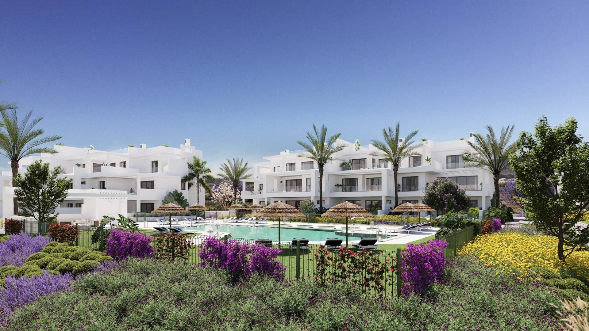 The pool and gardens in front of the buildings, as the developer shows them. Mãla Kai Resort, Valle Romano, Estepona.