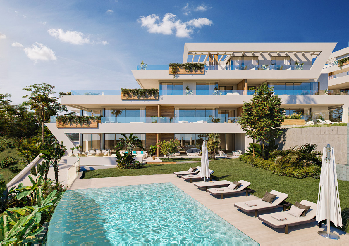 A pool with sun loungers along its deck, and the terraces of the apartments rising behind it. Marbella Sunset, Cabopino, Marbella.