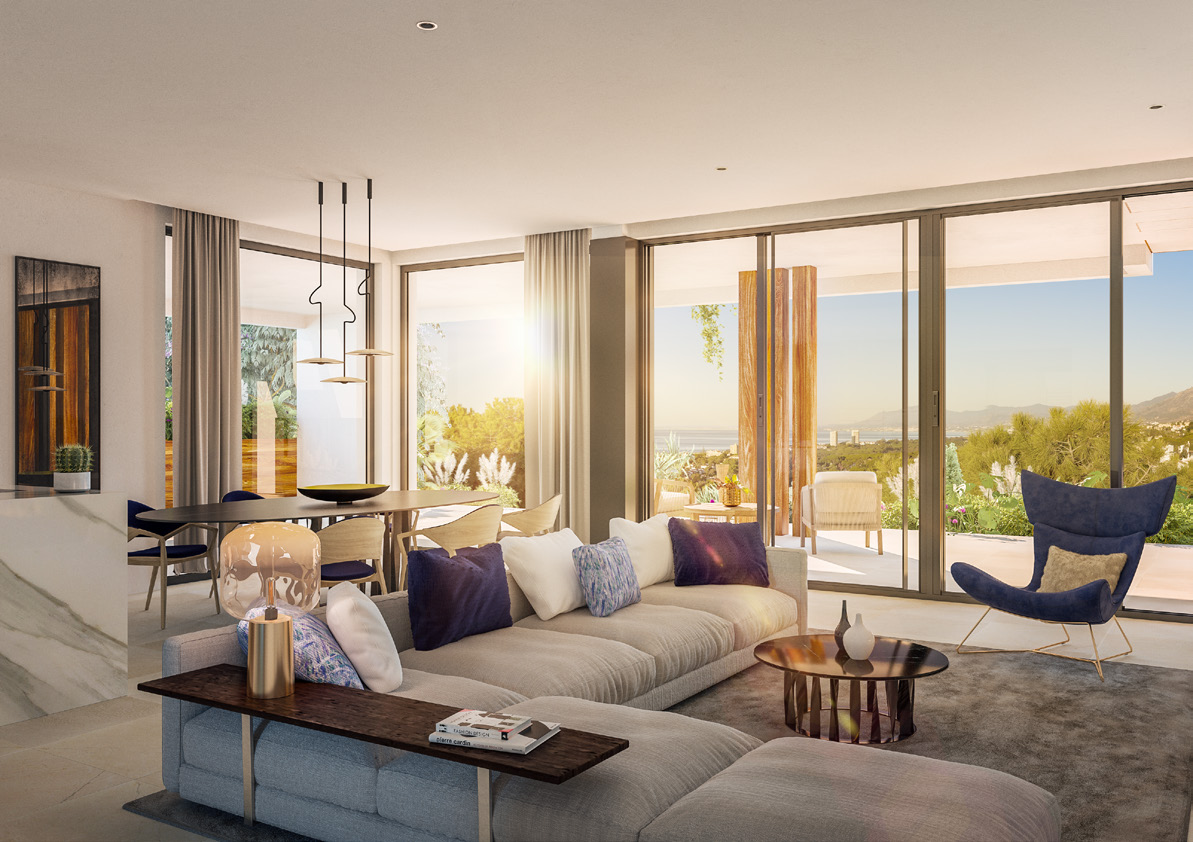 The living and dining room, with glass doors opening onto the covered terrace and a view over the trees to the sea. Marbella Sunset, Cabopino, Marbella.