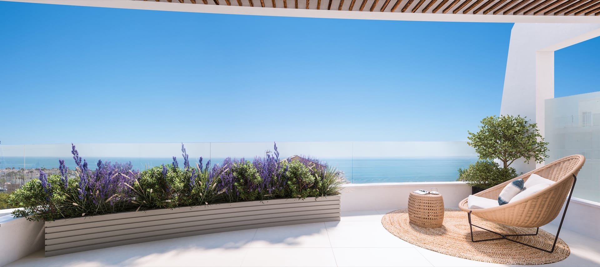 A penthouse terrace looking over the sea. Marina Golden Bay, Benalmádena Costa, Benalmádena.
