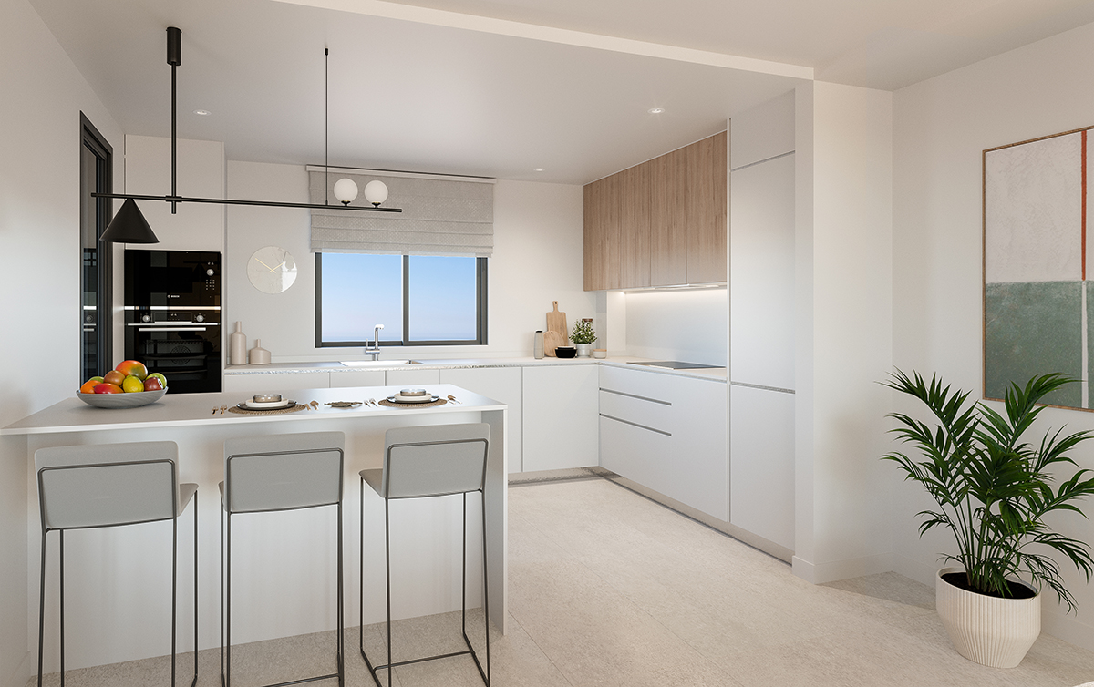 The kitchen, as the developer shows it. The appliances are included. MedBlue Marbella, Los Monteros, Marbella.
