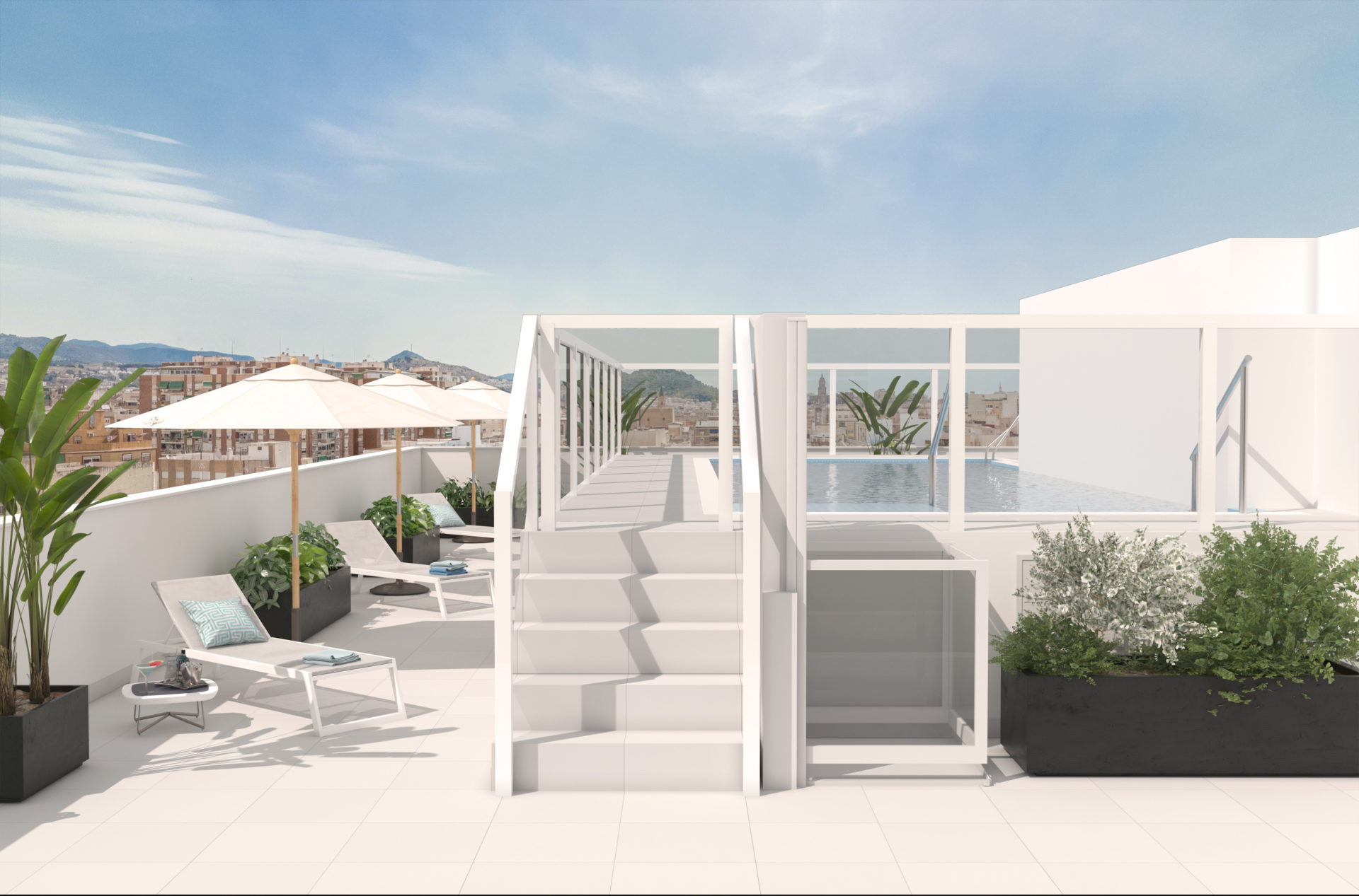 The rooftop pool, with sun loungers along one side. Metropolitan Homes, Centro, Málaga.