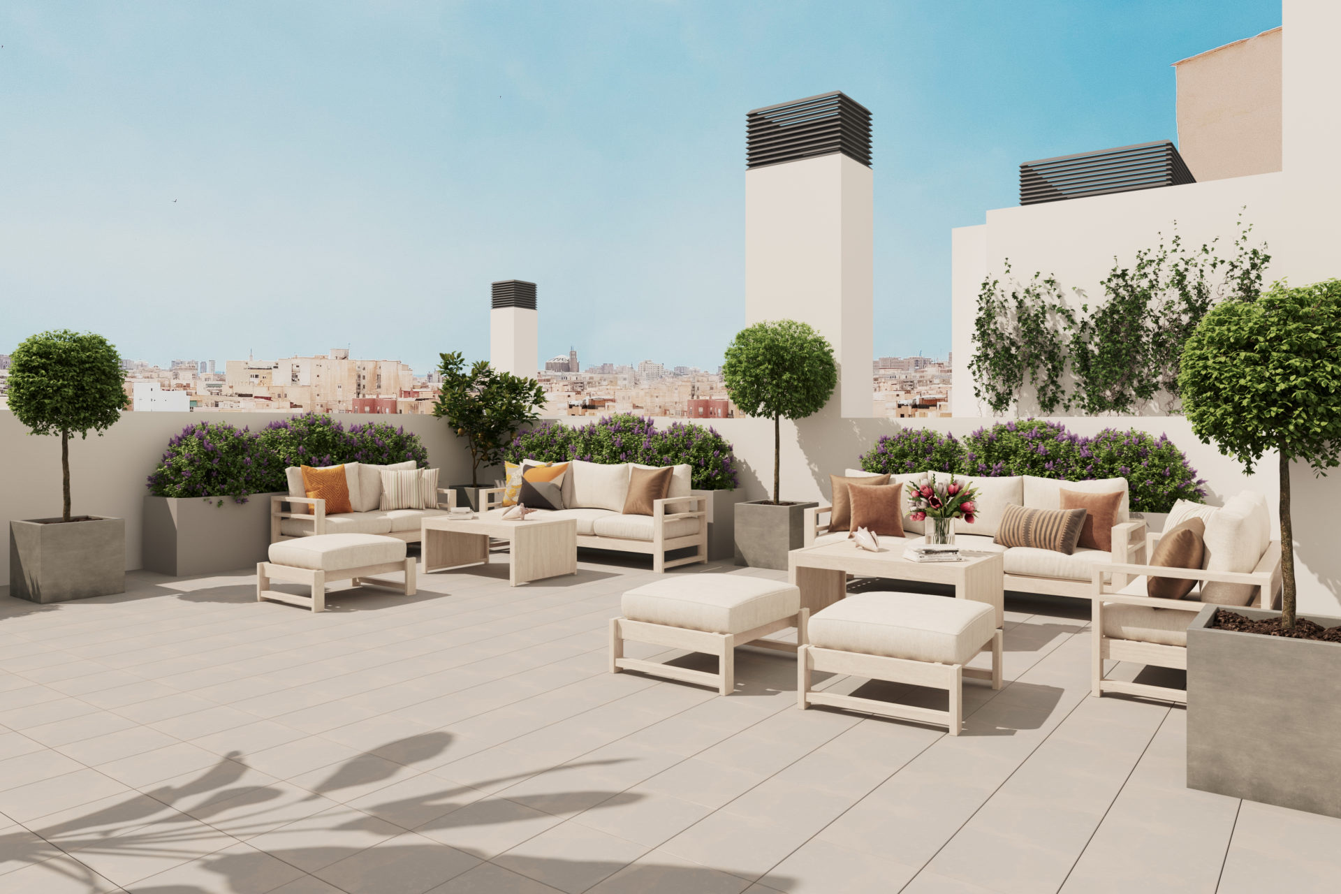 The rooftop lounge terrace, looking out over the city. Metropolitan Homes, Centro, Málaga.
