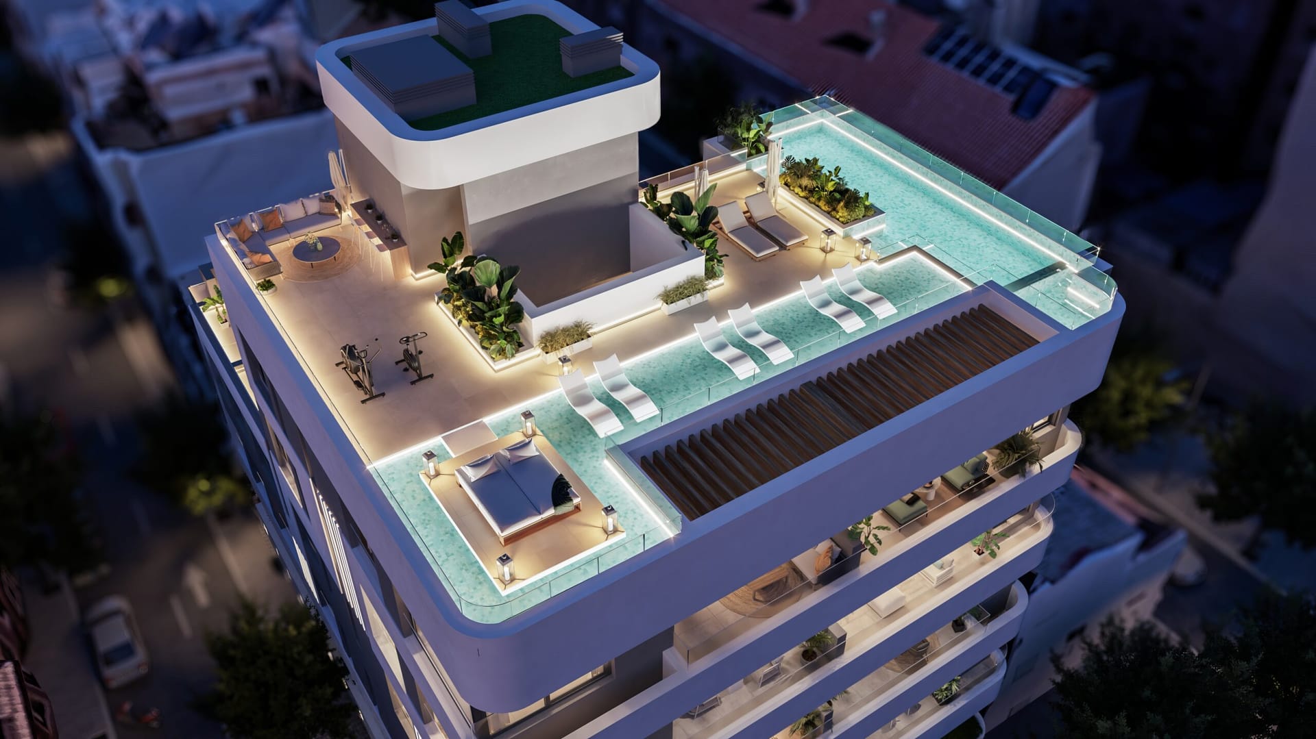 The roof terrace at night, with the pool and the chill-out area. Milabeka, Calle Milagrosa, Málaga.