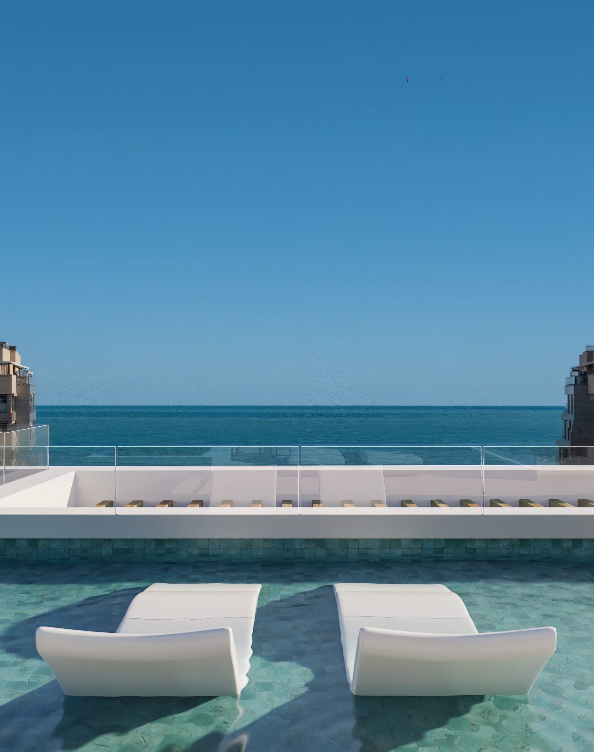 The salt-water pool on the roof, looking out to sea. Milabeka, Calle Milagrosa, Málaga.
