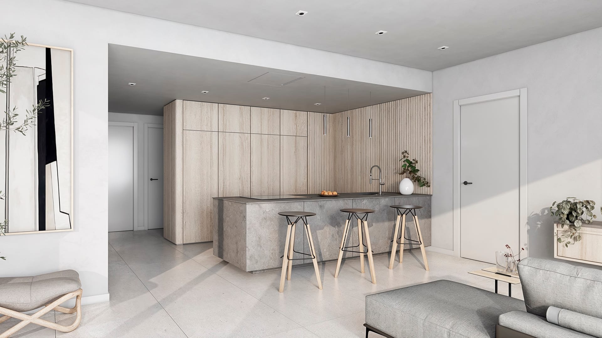 The kitchen, with timber-fronted units and a grey island with bar stools. Moon 64, Los Hidalgos, Manilva.