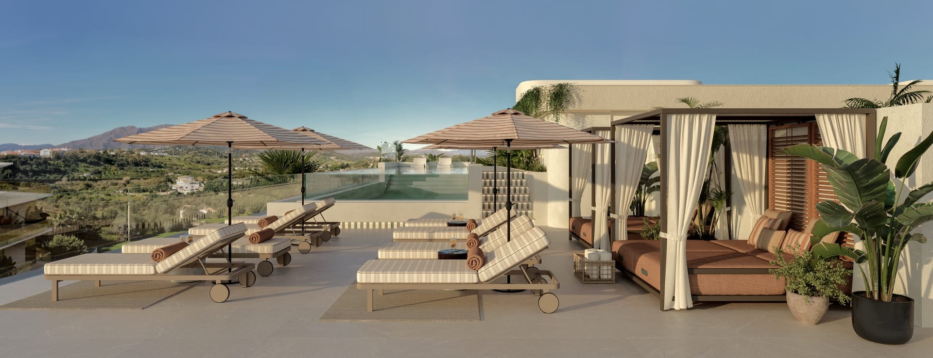 The loungers beside the pool on the roof. Nacaré, Avenida Litoral, Estepona.