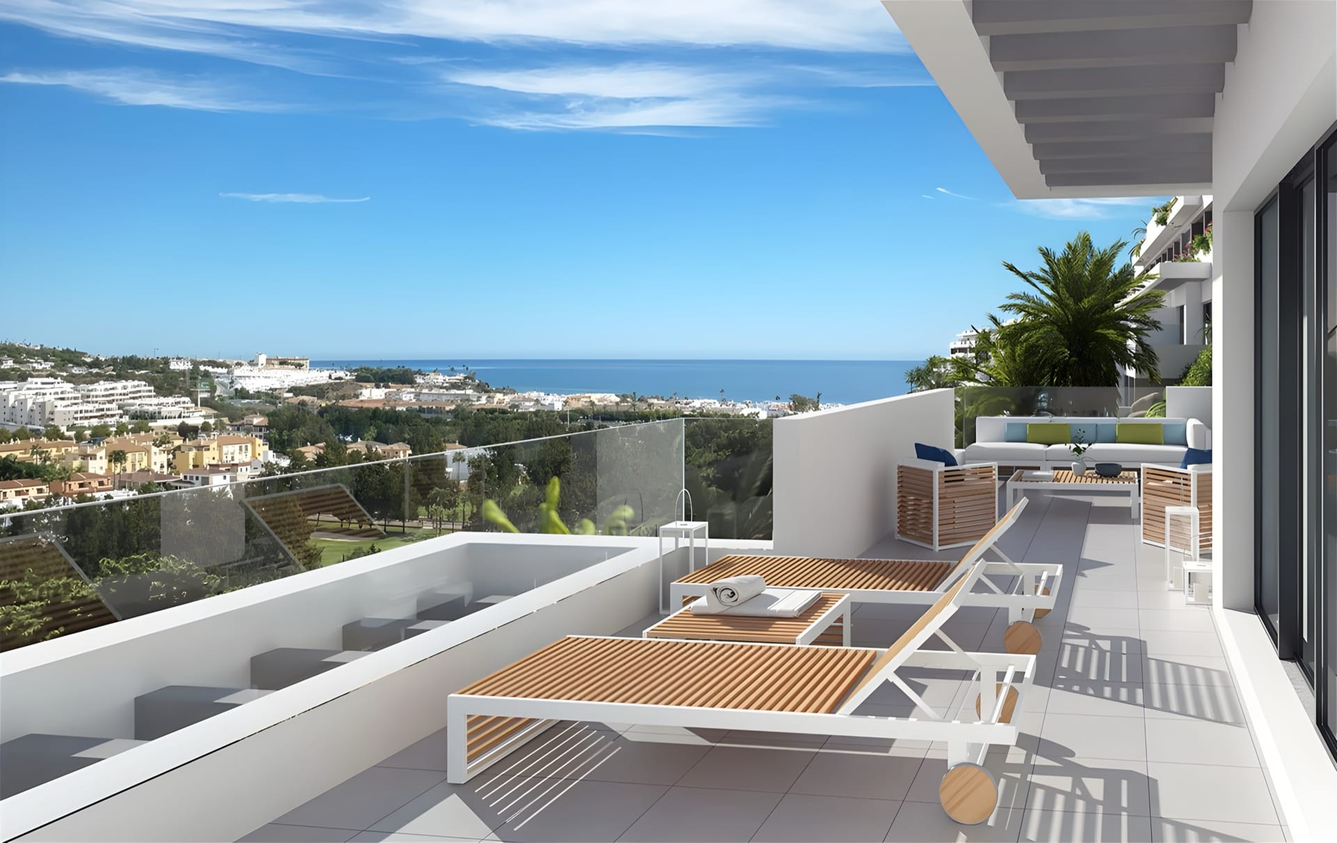 A terrace looking over La Cala to the sea. Navigolf Suites II, La Cala de Mijas, Mijas.