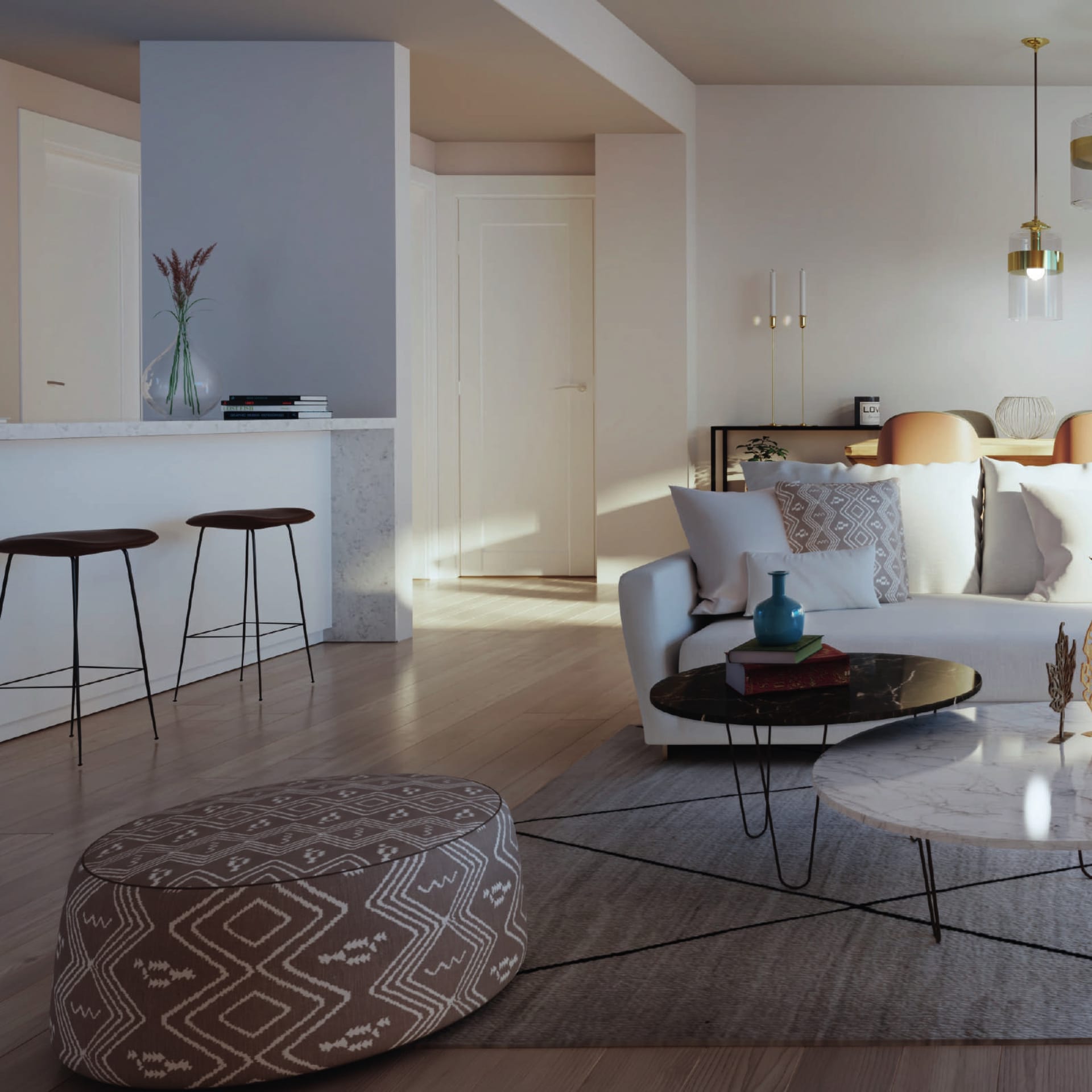 An open living room and kitchen in one of the finished homes. Navigolf Suites, La Cala de Mijas, Mijas.