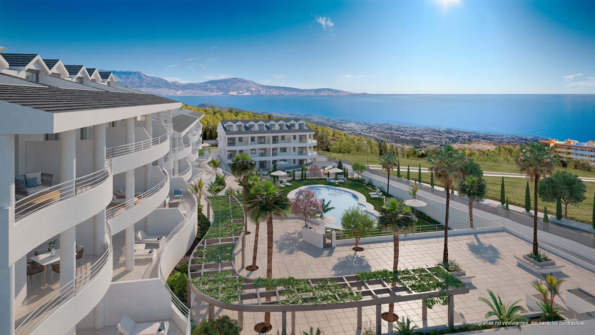 The terraces, a planted pergola and the shared pool as pictured before building began, with the sea and distant mountains beyond. Nexus Residences, Arroyo de la Miel, Benalmádena.