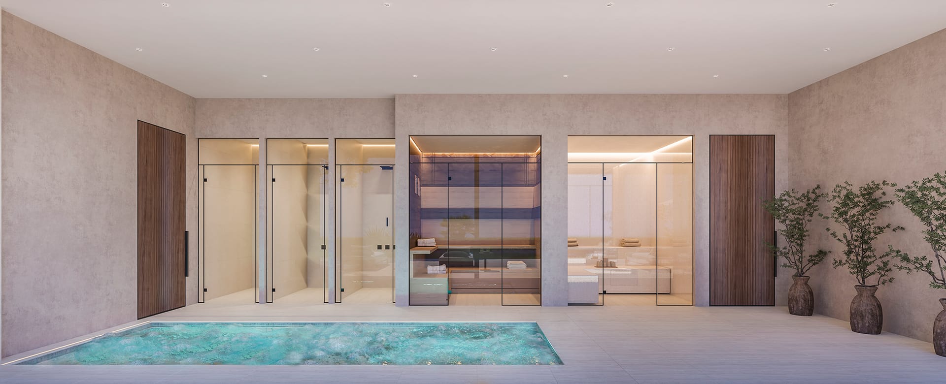 The spa, with a plunge pool and a glass-fronted sauna. Nubay, La Chullera, Manilva.