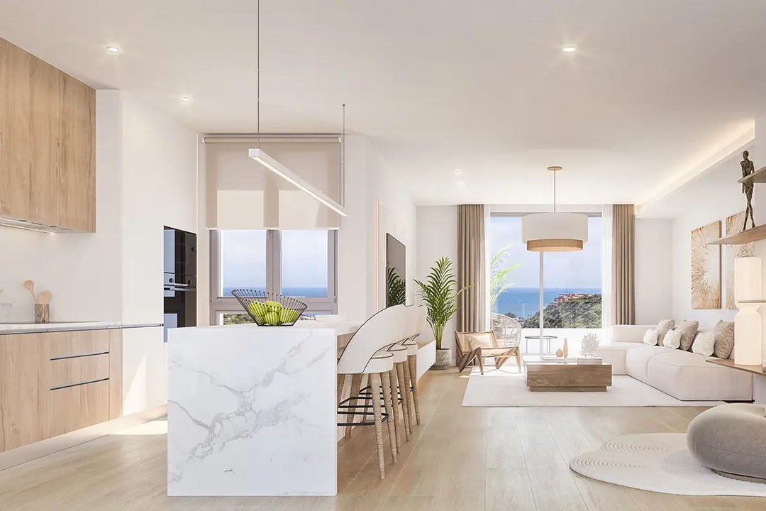 The kitchen and the living room beyond it, as the developer draws them. Nylva Homes, La Paloma, Manilva.