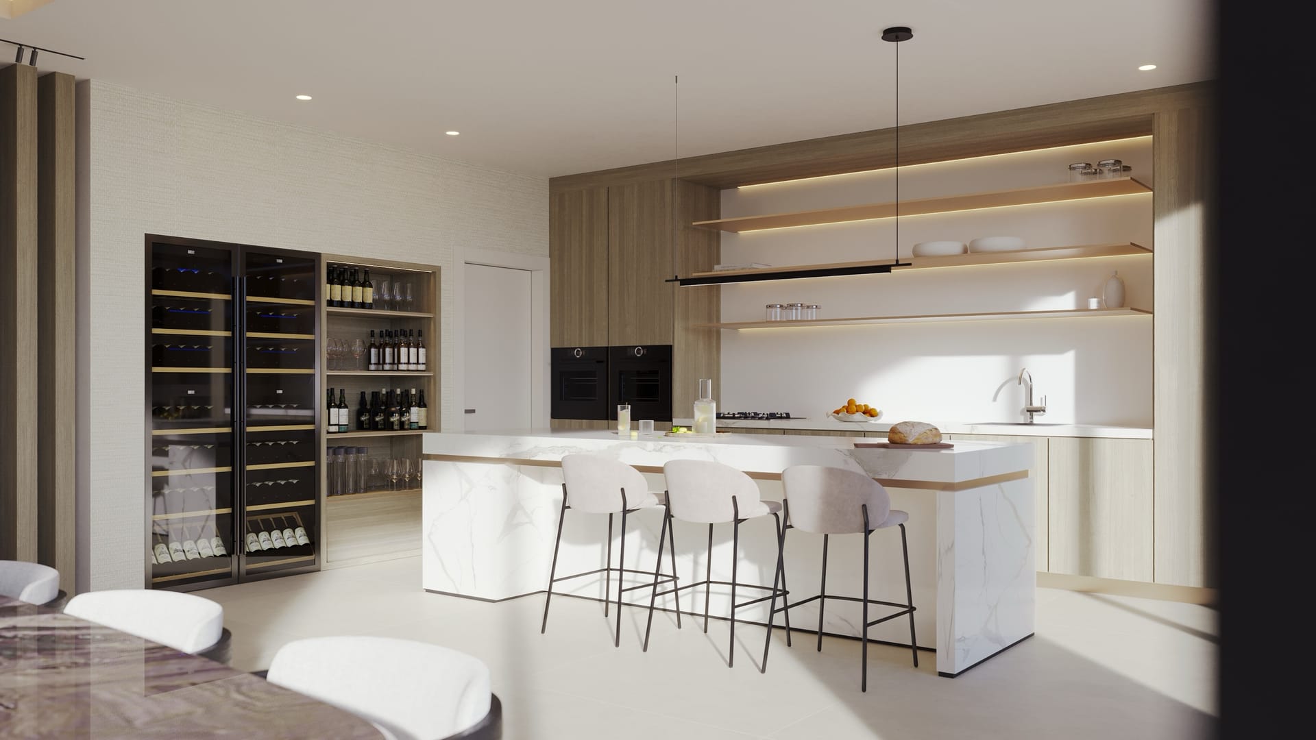 A kitchen with an island and a wine store. Ocyan Villas, La Resina, Estepona.