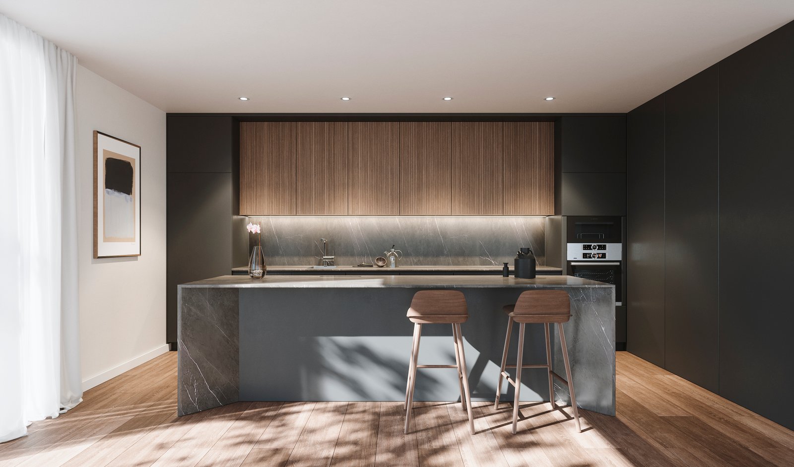 The kitchen in the Cosmopolitan finish, with charcoal units, wood-fronted cupboards above the worktop and an island faced in grey marble-effect ceramic. One Estepona, La Gaspara, Estepona.