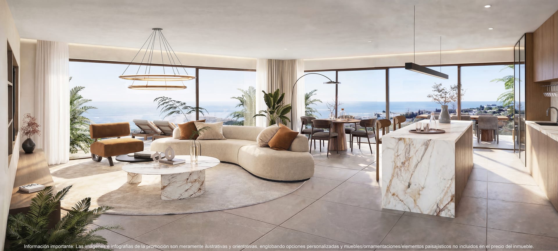 The kitchen island and the living room, with glass walls onto the terrace and the sea beyond. Organic Higuerón, El Higuerón, Fuengirola.