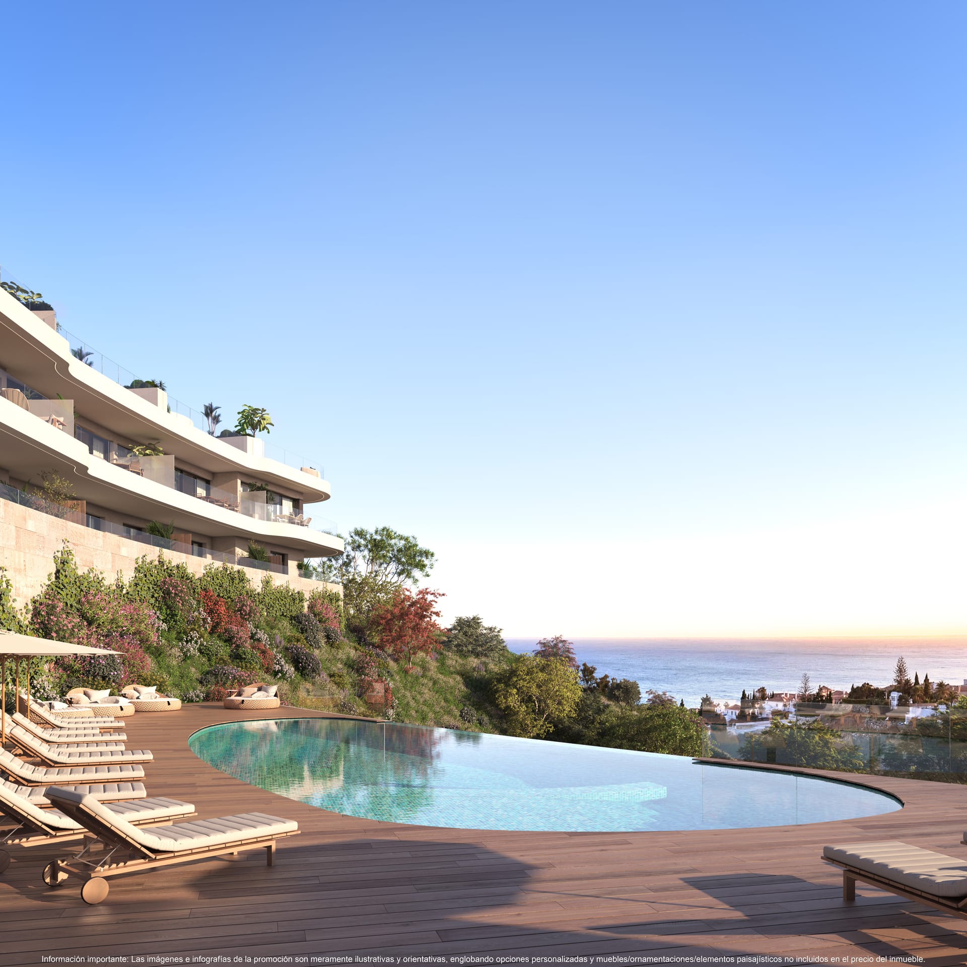 The shared pool and its sunbathing deck, with the coast beyond. Organic Higuerón, El Higuerón, Fuengirola.