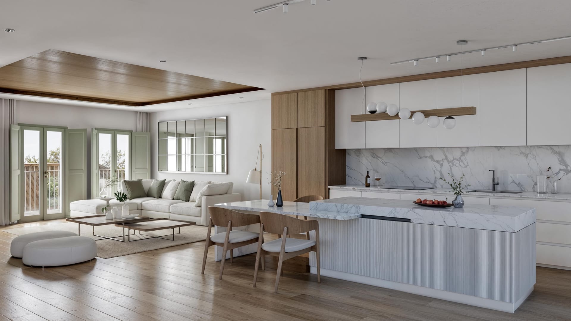 The living room and kitchen, with a white island and a timber panel set into the ceiling. Paraíso de Azahar, Old town, Estepona.