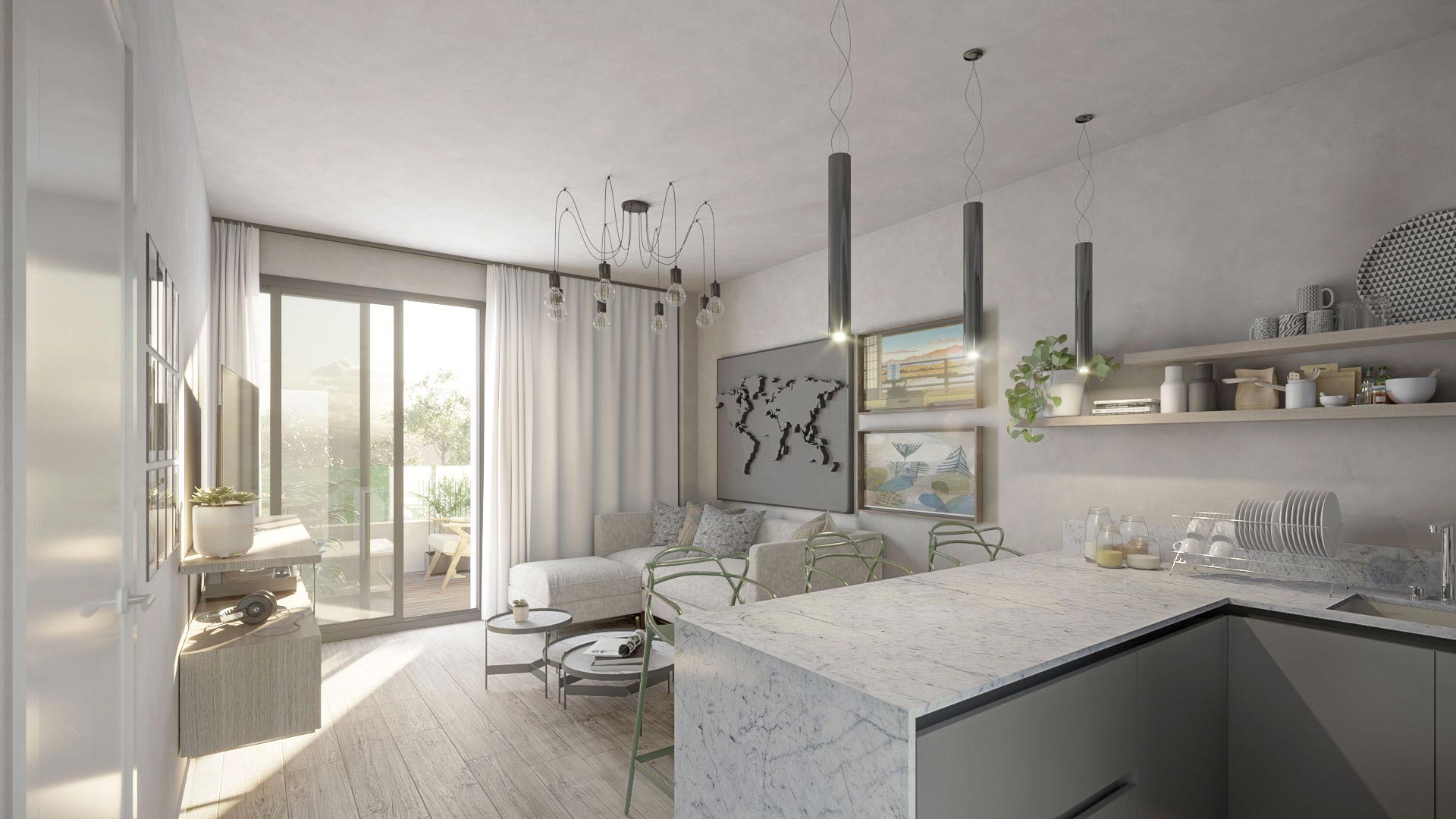 A living room open to the kitchen, with a stone-topped kitchen counter and glass doors to the terrace. Premier Residencial, Las Lagunas, Mijas.