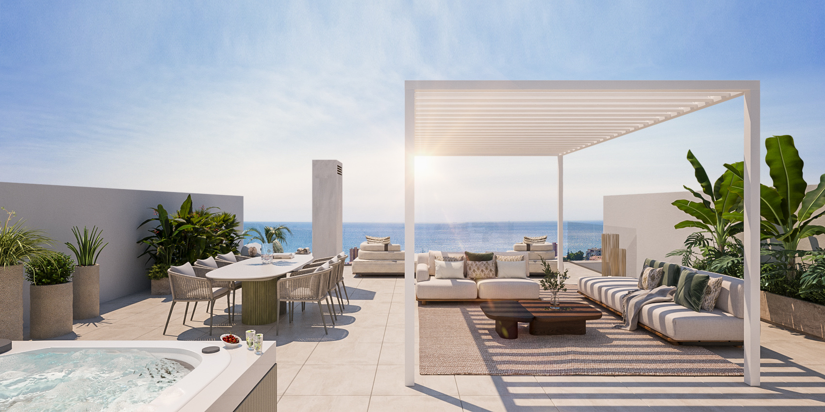 A penthouse solarium on the roof, with a hot tub, seating under a white pergola and the sea beyond. Pure Sun 2, Sabinillas, Manilva.