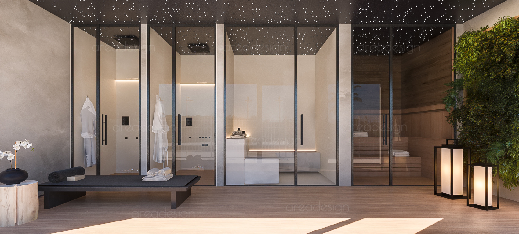 The spa, with a glass-fronted sauna and steam room and a bench outside them. Pure Sun 2, Sabinillas, Manilva.