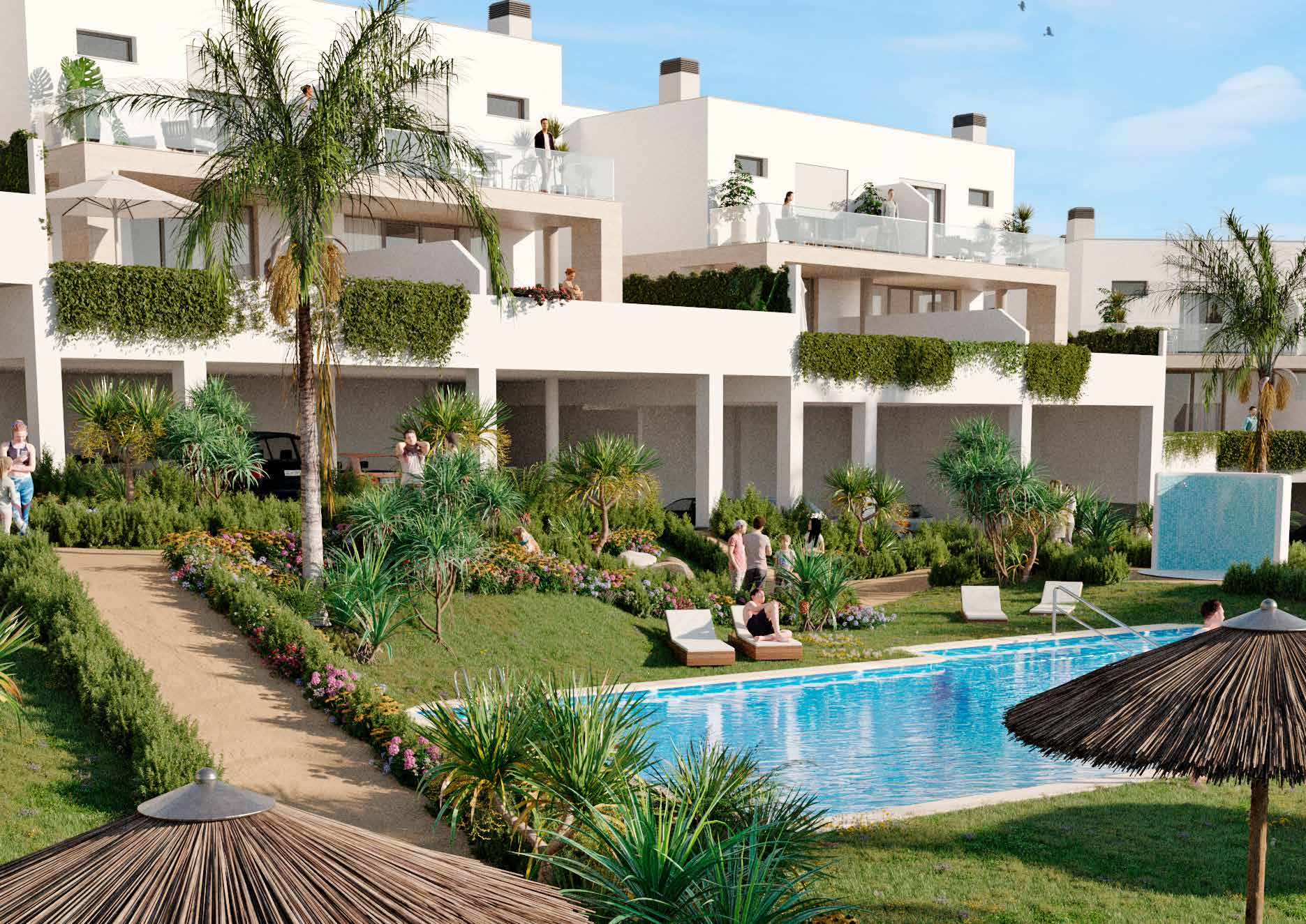 The pool in one of the developer’s illustrations, with a path running beside it and the houses and their covered porches behind. Residencial Cala de Mijas, Lagar Martel, Mijas.