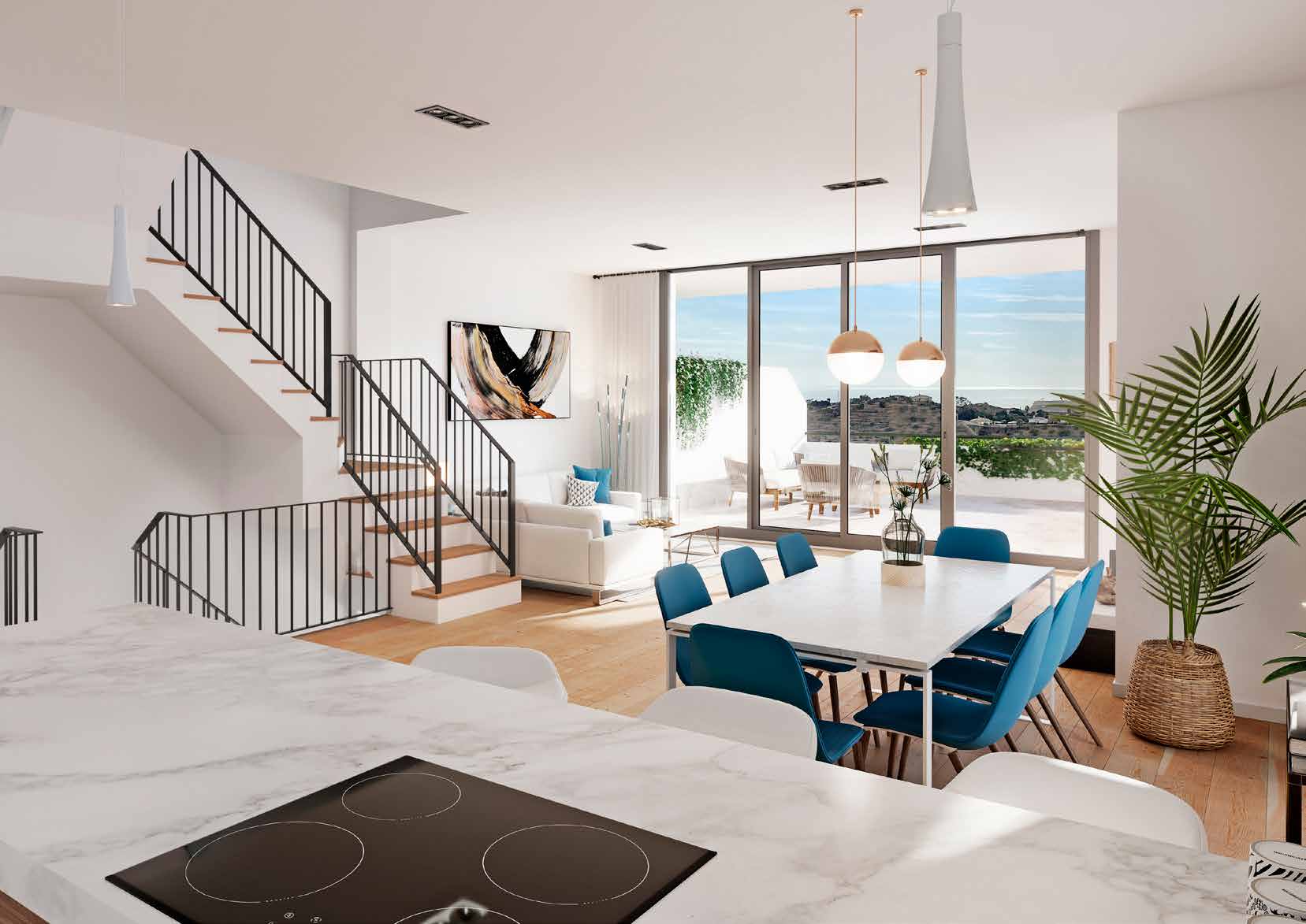 The open plan kitchen, dining area and living room in one of the developer’s illustrations, with the staircase on the left and full height glazing at the far end. Residencial Cala de Mijas, Lagar Martel, Mijas.