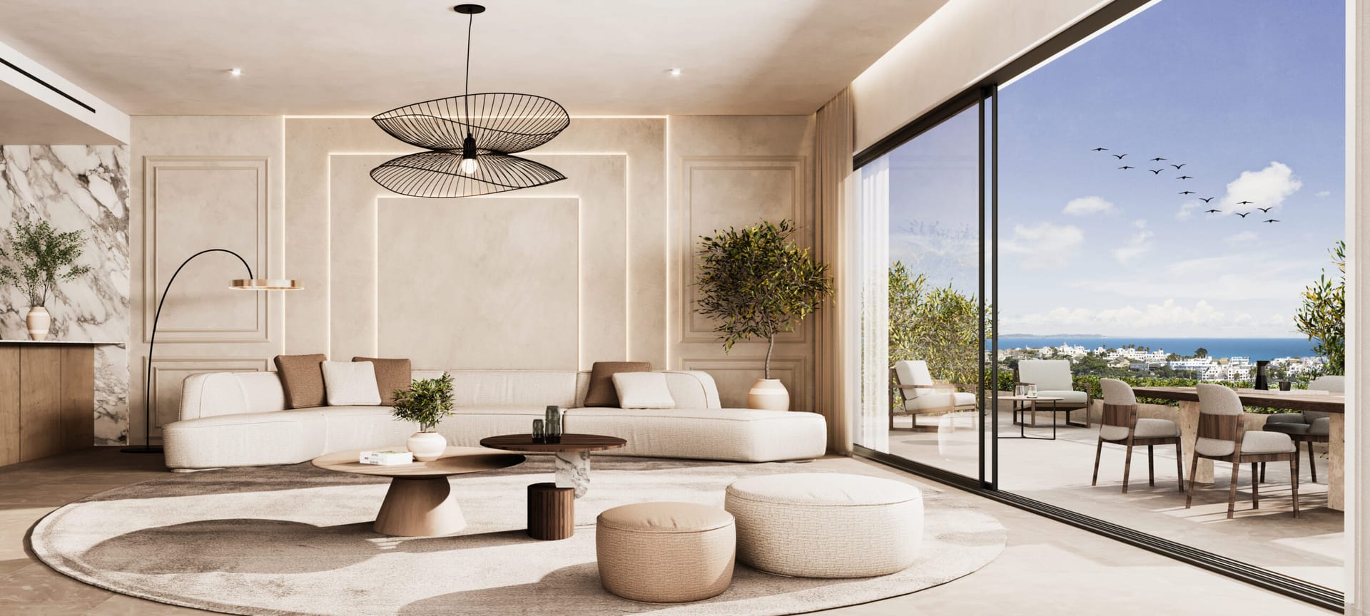 A living and dining room with sliding glass doors to the terrace. Salvia II, San Pedro de Alcántara, Marbella.