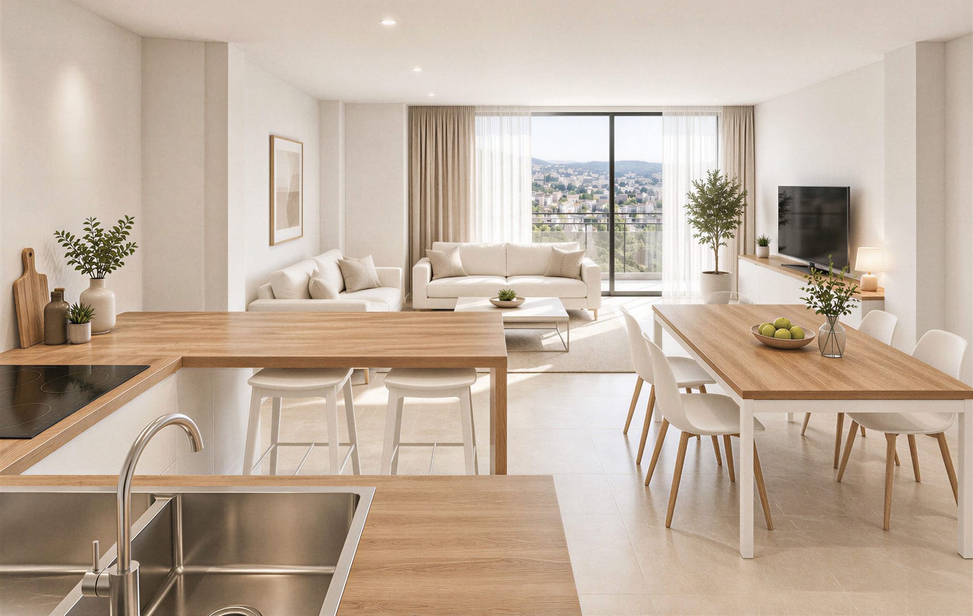 The open-plan living room, dining area and kitchen, with the window onto the street. San Roque 13, Centro, Vélez-Málaga.