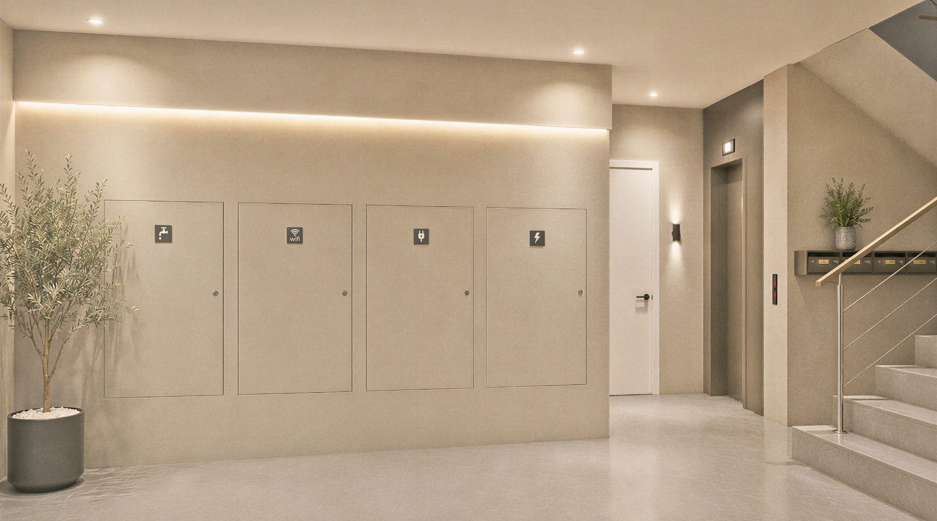 The shared entrance hall, with the post boxes, the lift and the foot of the stairs. San Roque 13, Centro, Vélez-Málaga.