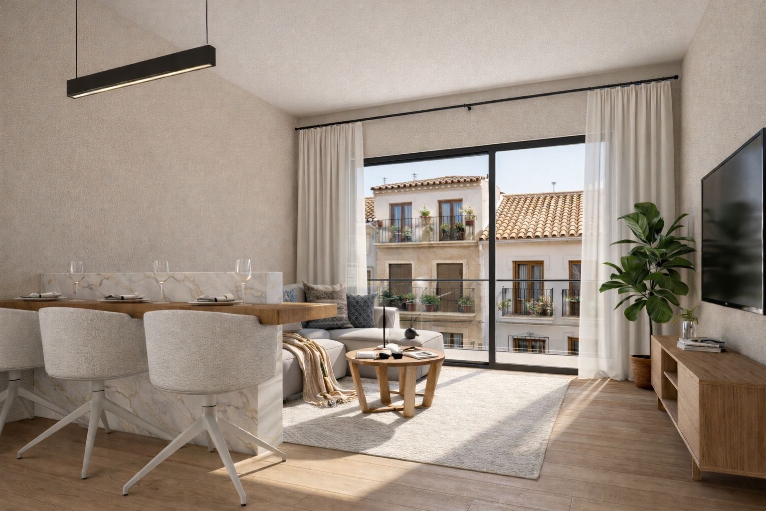 A living room in one of the developer’s illustrations, with the dining table beside a glass door that opens onto a balcony over the street. San Salvador 31, Calle San Salvador, Fuengirola.