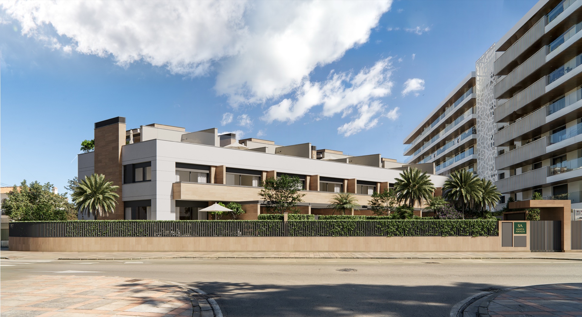 The terrace seen from Avenida Santa Amalia, behind its planted boundary. Santa Amalia, Avenida Santa Amalia, Fuengirola.