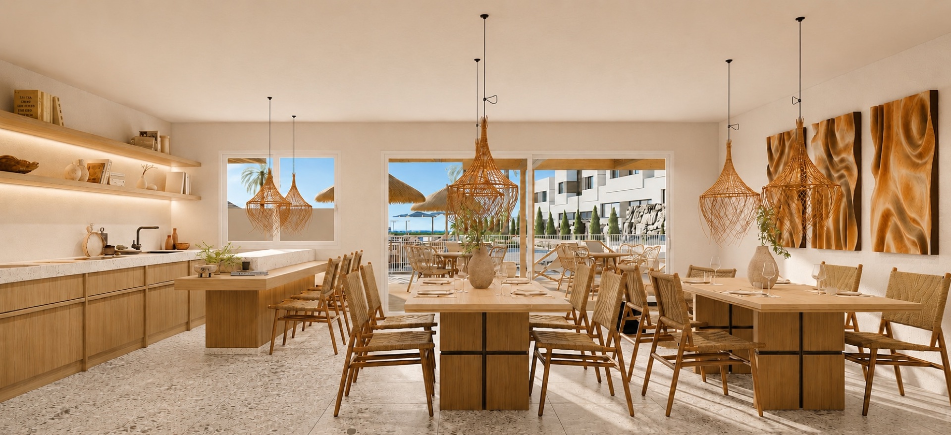 The residents’ social club, with long shared tables and its own kitchen. Savia, Hipódromo, Mijas.