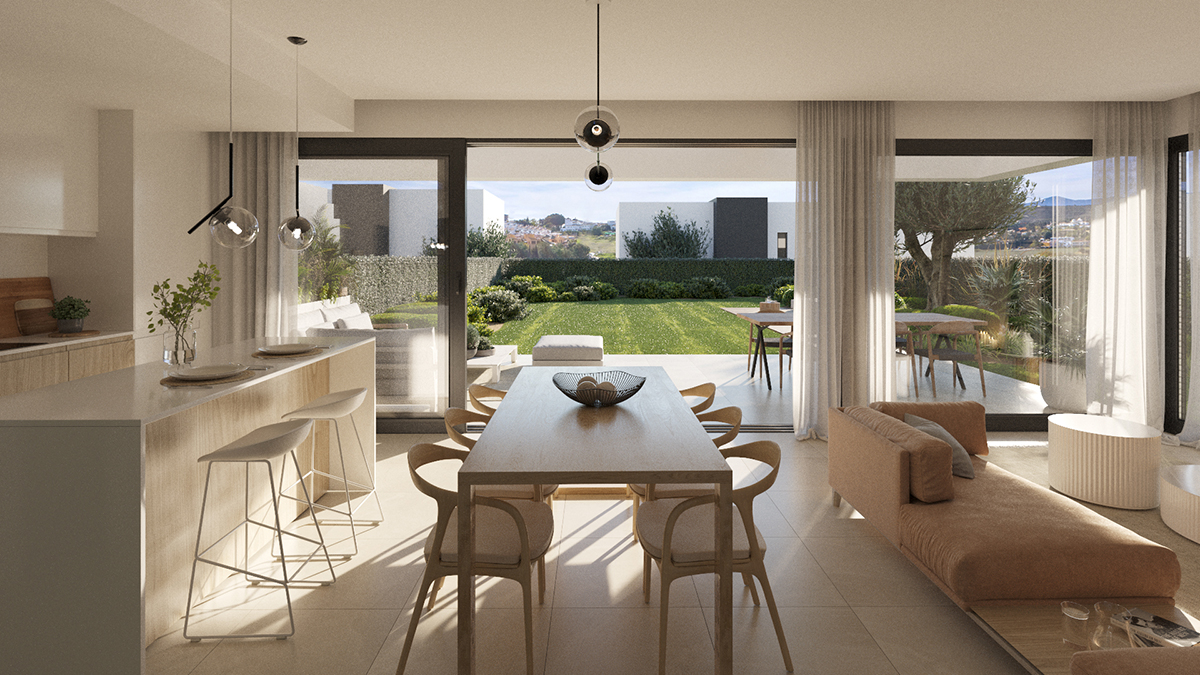 The open-plan kitchen, dining and living space, opening onto the garden. Serene Atalaya, Atalaya Golf, Estepona.
