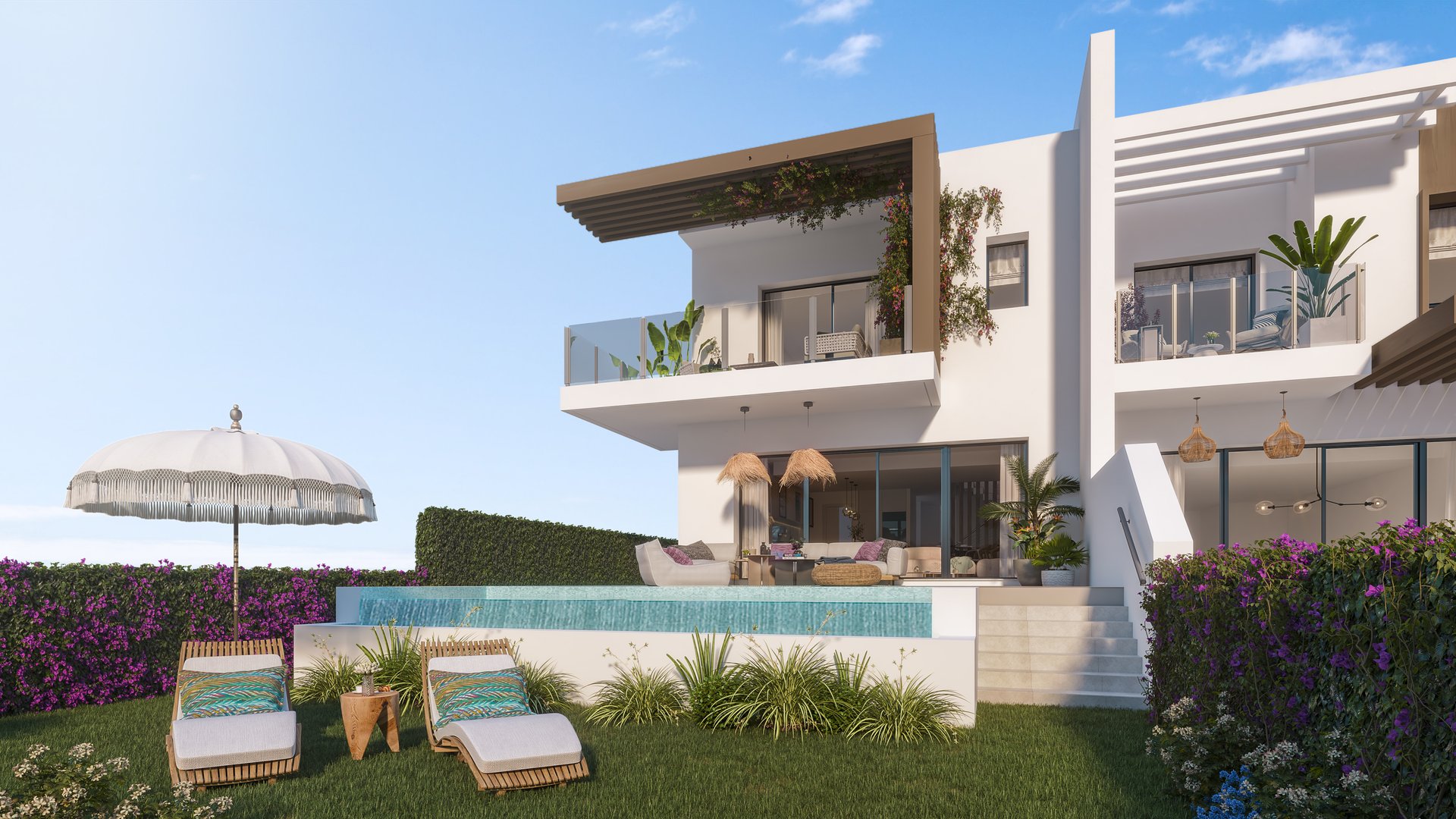 A house seen from its own garden, the living floor opening onto a terrace above a small pool. Soleia Living, El Chaparral, Mijas.