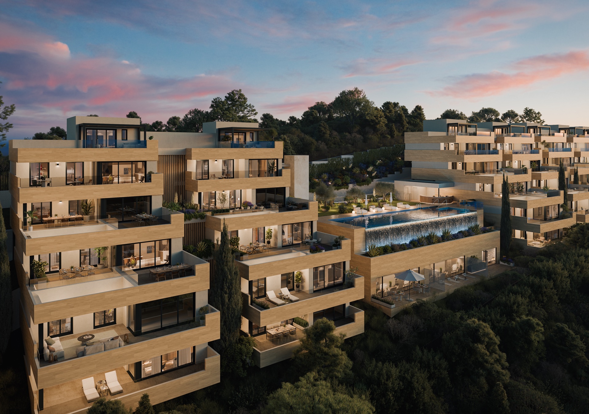 Soleil’s buildings, stepped up the hillside toward Los Monteros, at dusk. Soleil, Altos de los Monteros, Marbella.