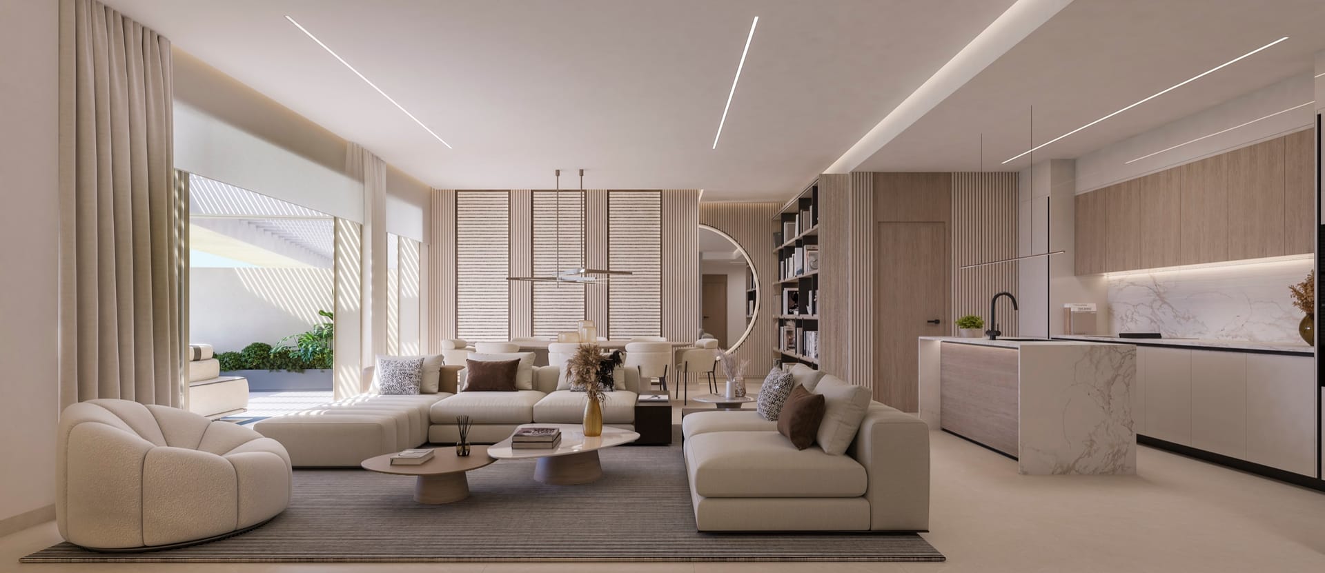 An open living room and kitchen. Solenne, Los Almendros, Benahavís.
