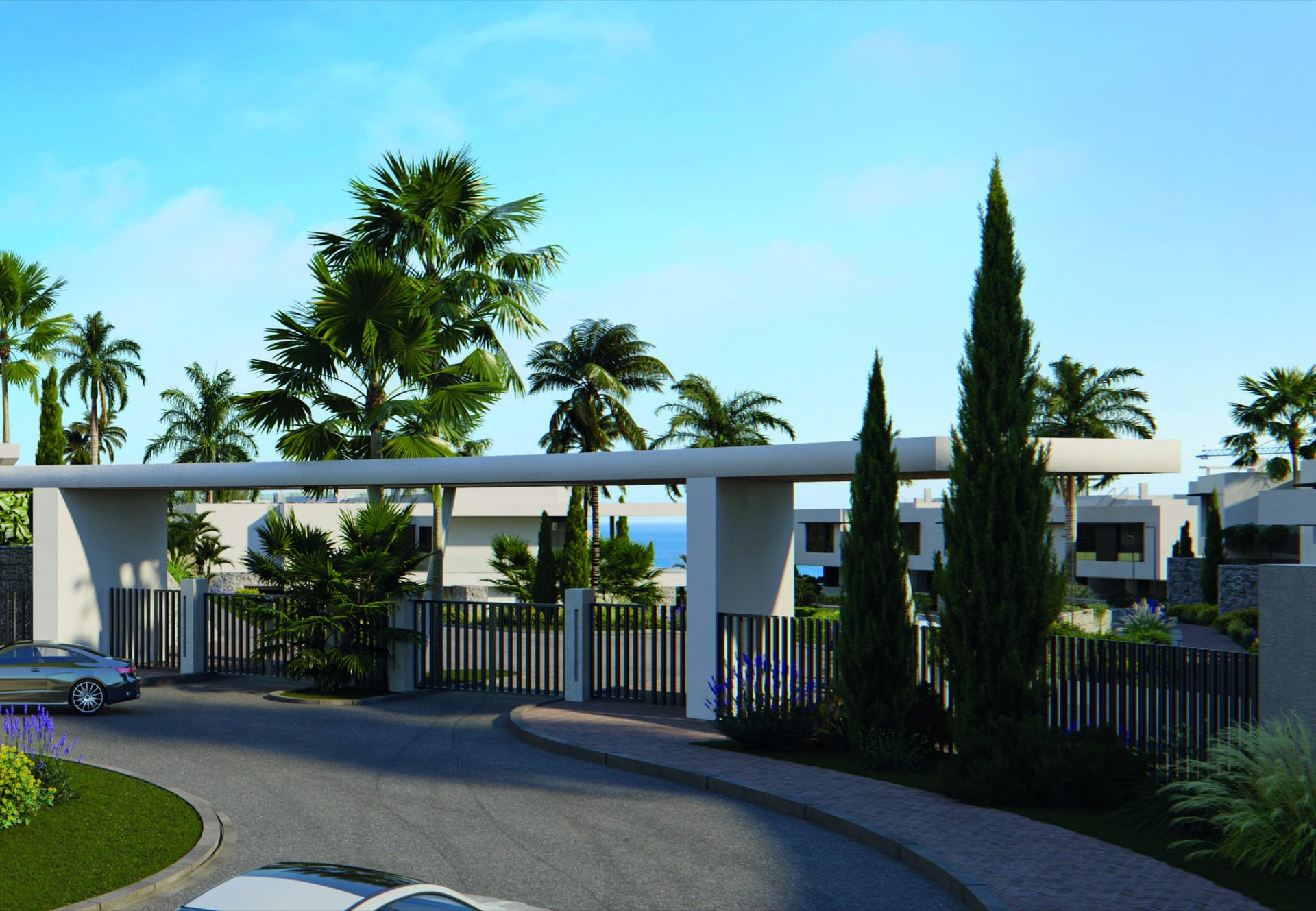 The gated entrance, with cypress trees and palms along the drive. Soul Marbella Sunlife III, Los Monteros, Marbella.