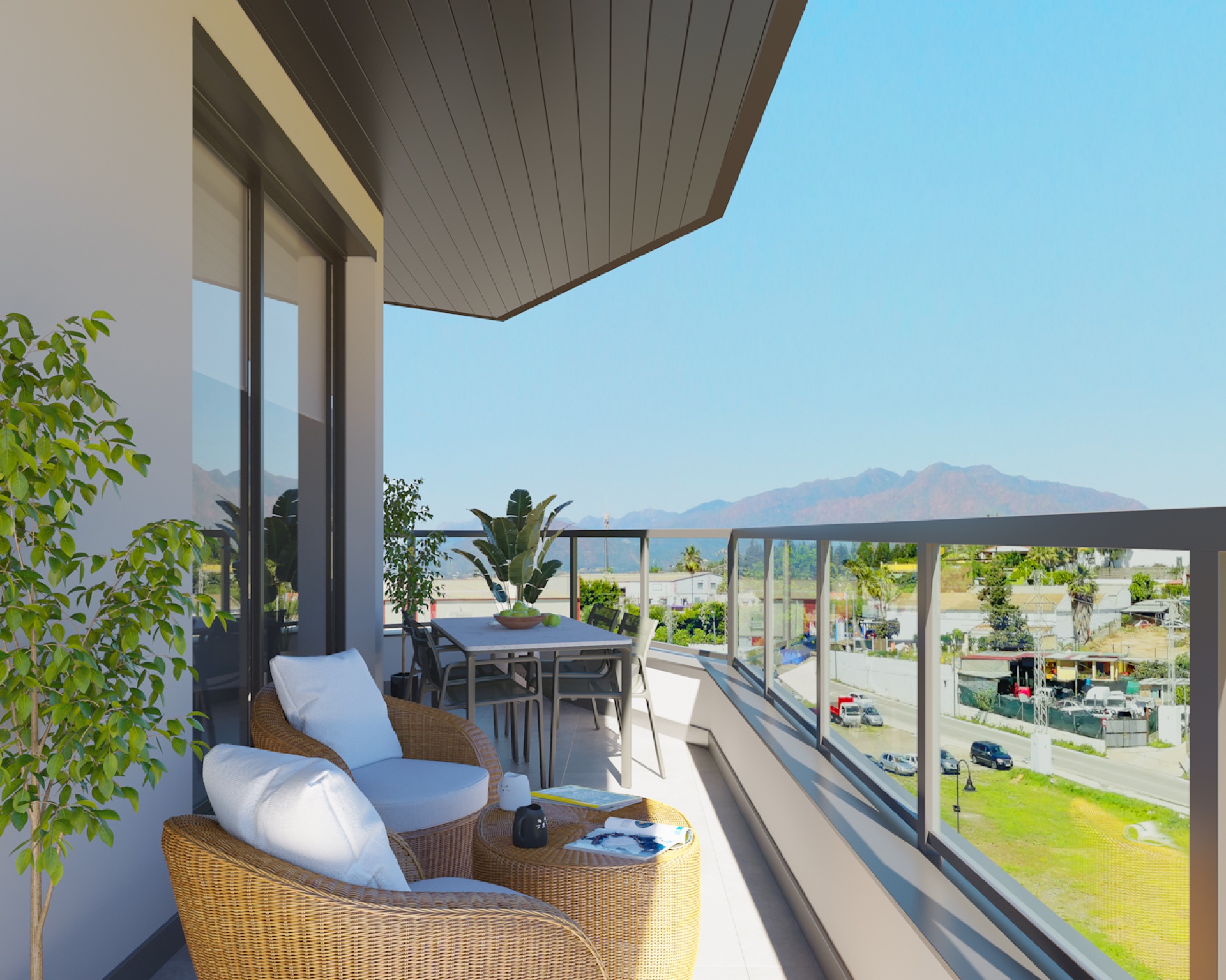 Looking out from one of the living-room terraces, over the planting and towards the hills behind the town. Suite Mijas Phase Three, Las Lagunas de Mijas, Mijas.
