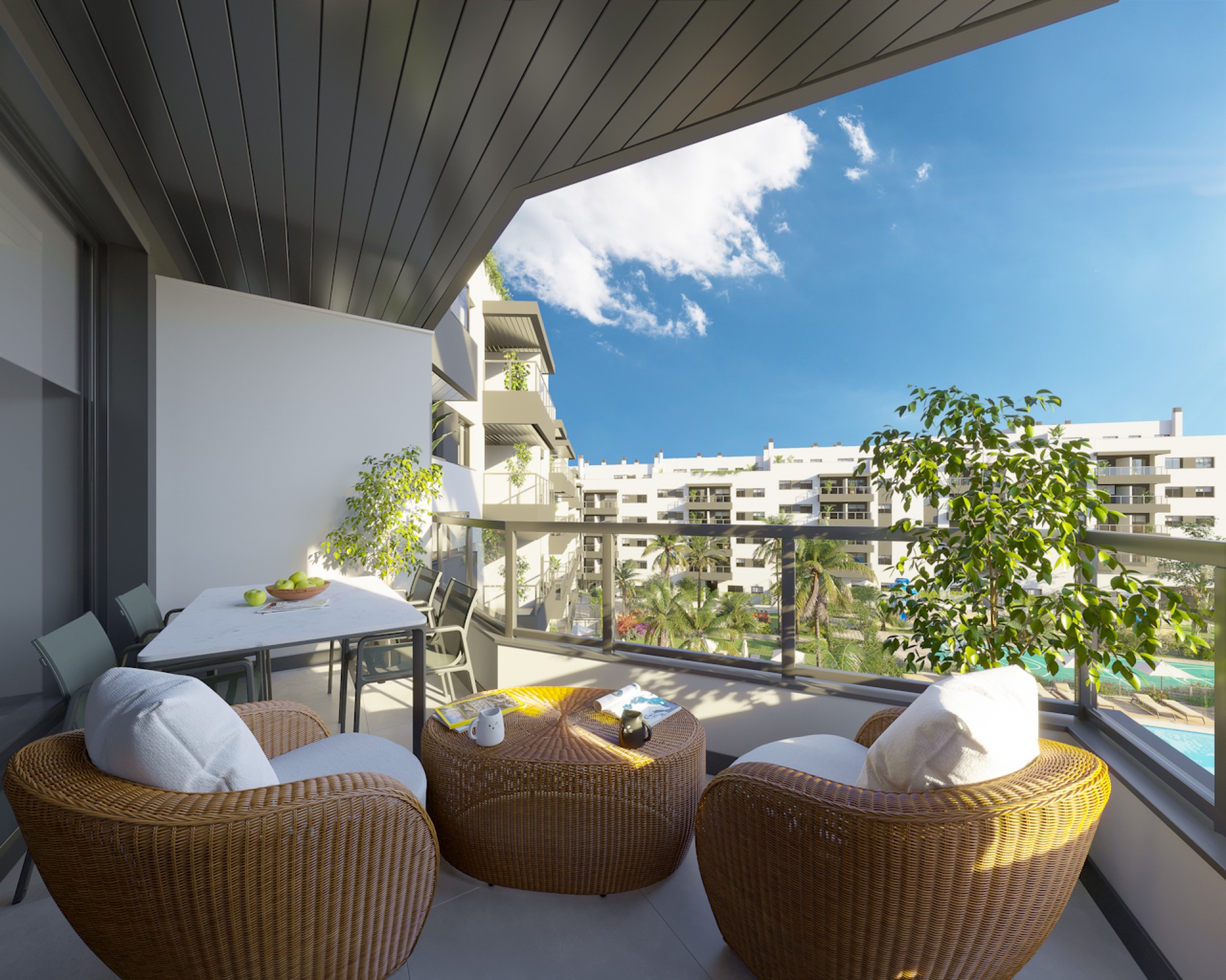 A terrace off one of the living rooms, looking across the gardens towards the buildings opposite. Suite Mijas Phase Two, Las Lagunas de Mijas, Mijas.