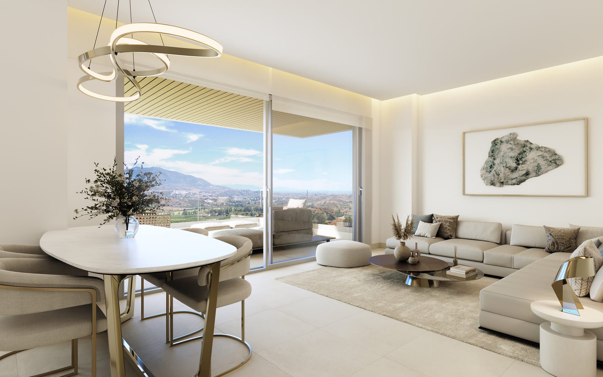 A living room in one of the developer’s illustrations, with an open terrace beyond the glass and views towards the mountains. Sunrise Golf Residences, La Cala Golf, Mijas.