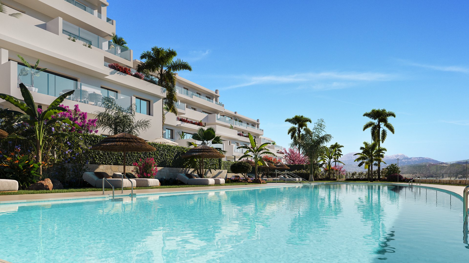 The main pool by day, the buildings stepped up behind it and planting spilling over the walls between them. Las Terrazas de Cortesín Bon Air, Finca Cortesín, Casares.