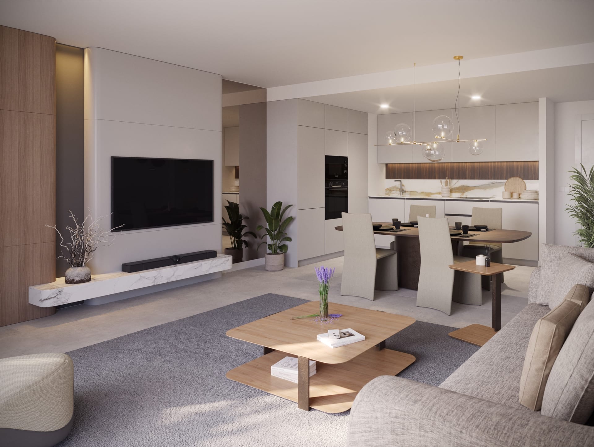 An open living room and kitchen. The Grove, San Pedro Alcántara, Marbella.
